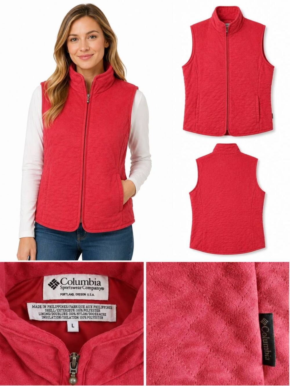 Columbia Sportswear Quilted Fleece Vest Size L Red Full Zip Outdoor Layer Warm C